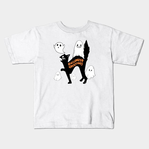 BLACK KITTEN HALLOWEEN GREETINGS Kids T-Shirt by Rightshirt